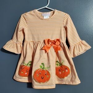 Bonnie Jean Orange White Stripe Long Sleeve Dress with Pumpkin Applique Girl Sz4